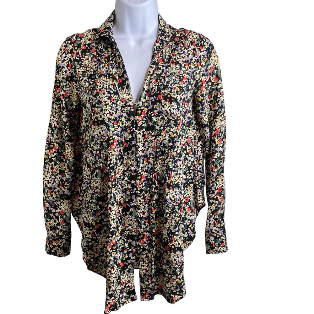 MAEVE‎ x ANTHROPOLOGIE Women's Black Ditsy Floral Blouse Size XS Moto Boho Flowy